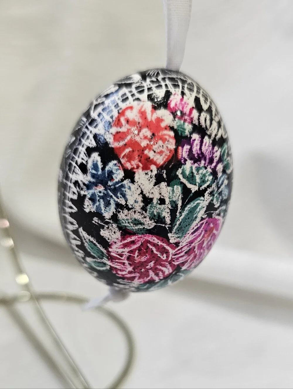 Vintage Kraslice Egg Ornament from Czech Republic Hand-Painted Floral Hanging